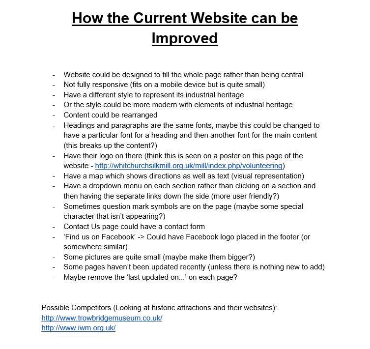 A List of Possible Improvements to the Current 'Whitchurch Silk Mill' Website
